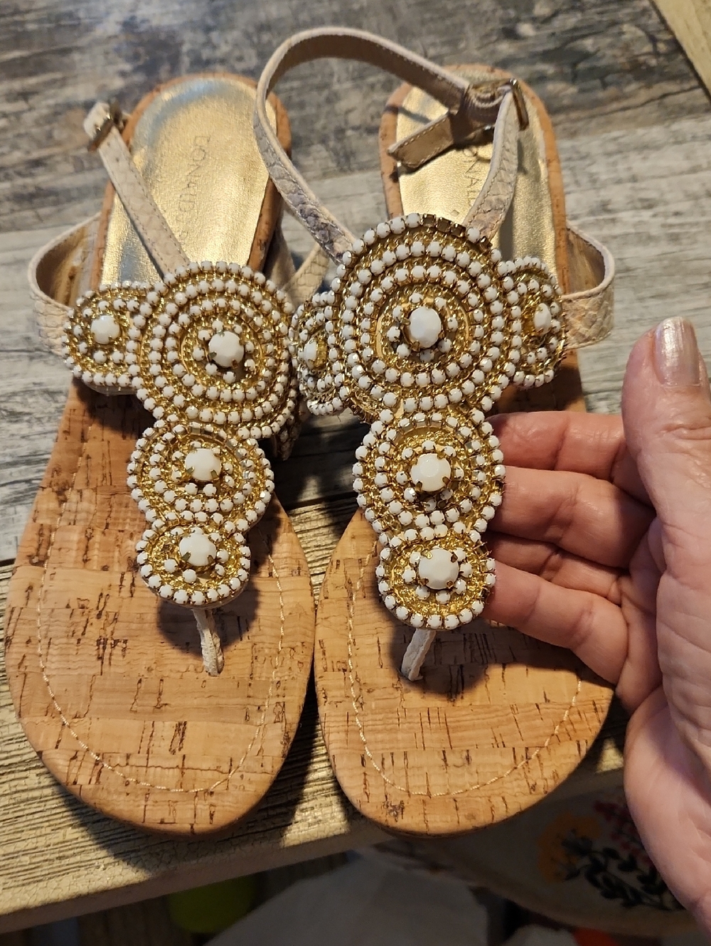 Donald J. Pliner White and Gold Beaded T-Strap Sandals